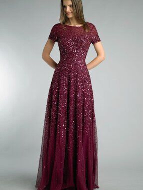 D8654L Short Sleeve Sequined Evening Gown - Burgundy